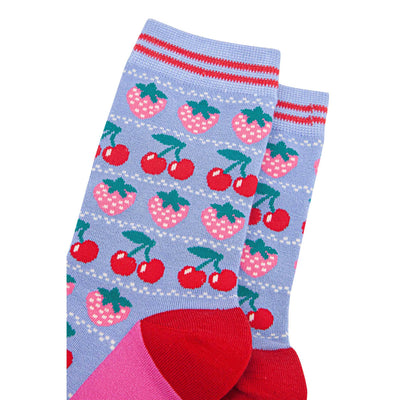 Women's Bamboo Socks - Light Blue/Red, Strawberries