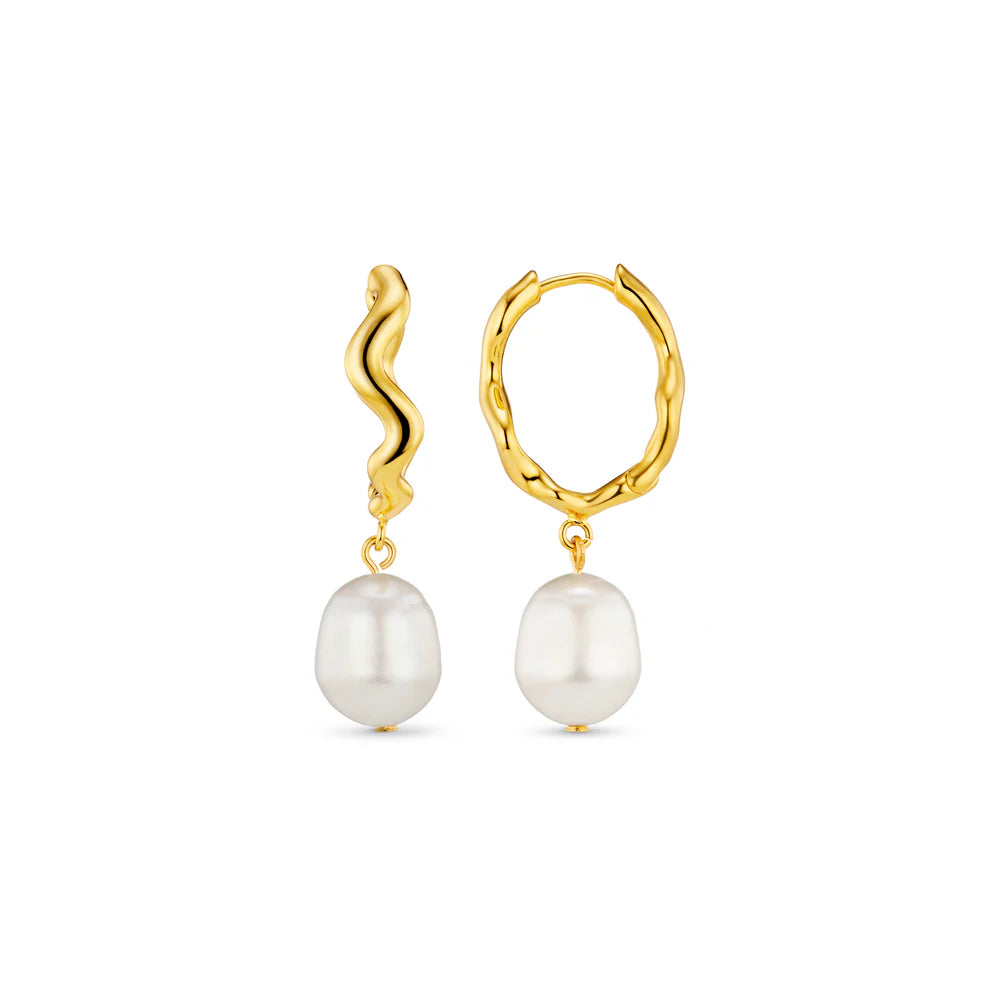 Oval Wave Pearl Drop Hoop Earrings