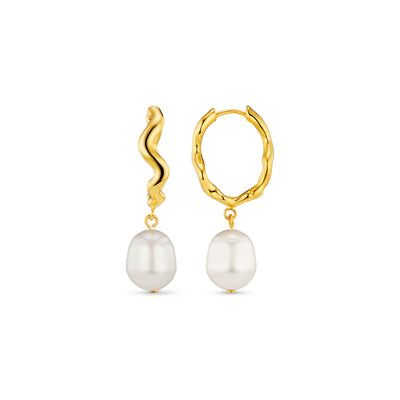 Oval Wave Pearl Drop Hoop Earrings