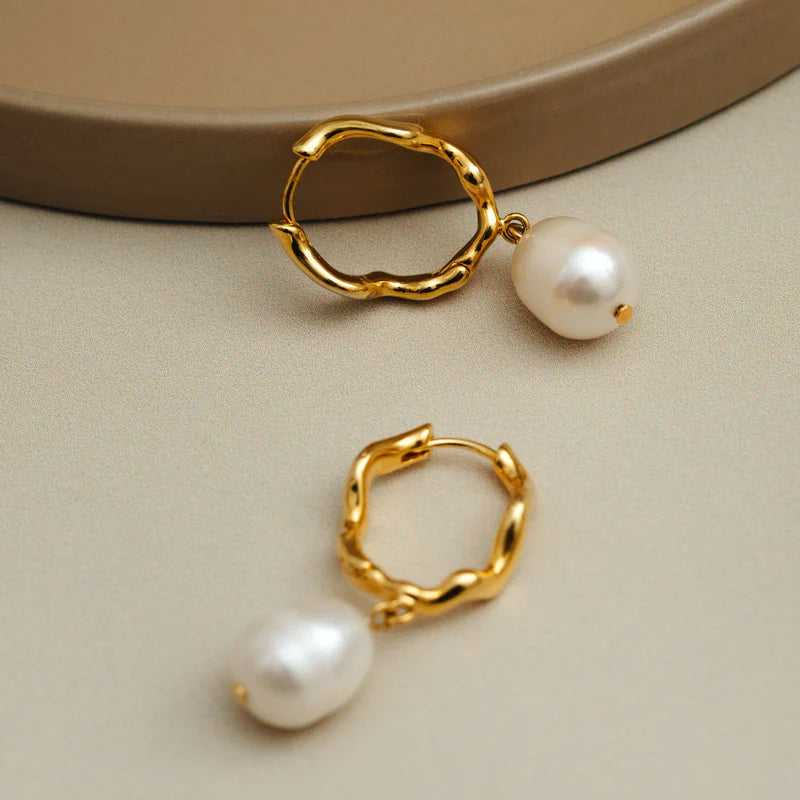 Oval Wave Pearl Drop Hoop Earrings