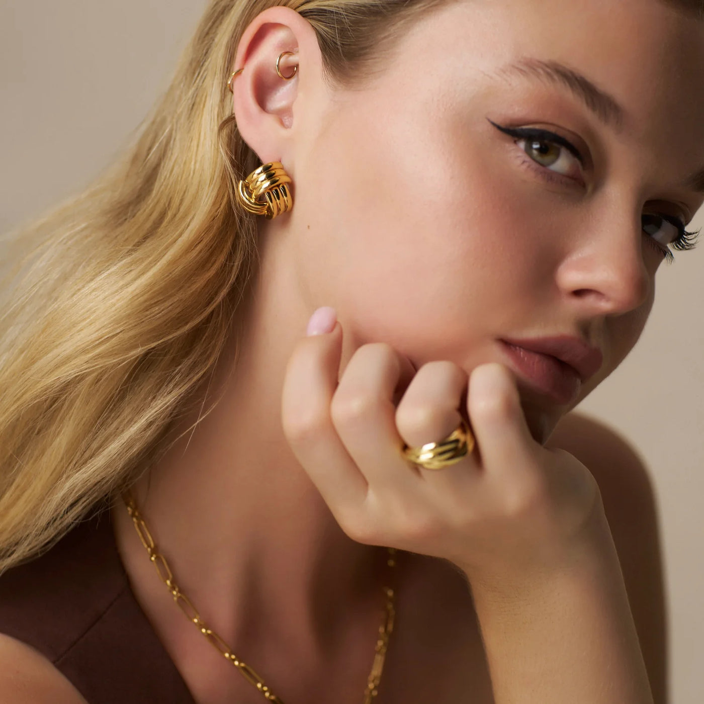 Interlocking Statement Stud Earrings Gold 31446